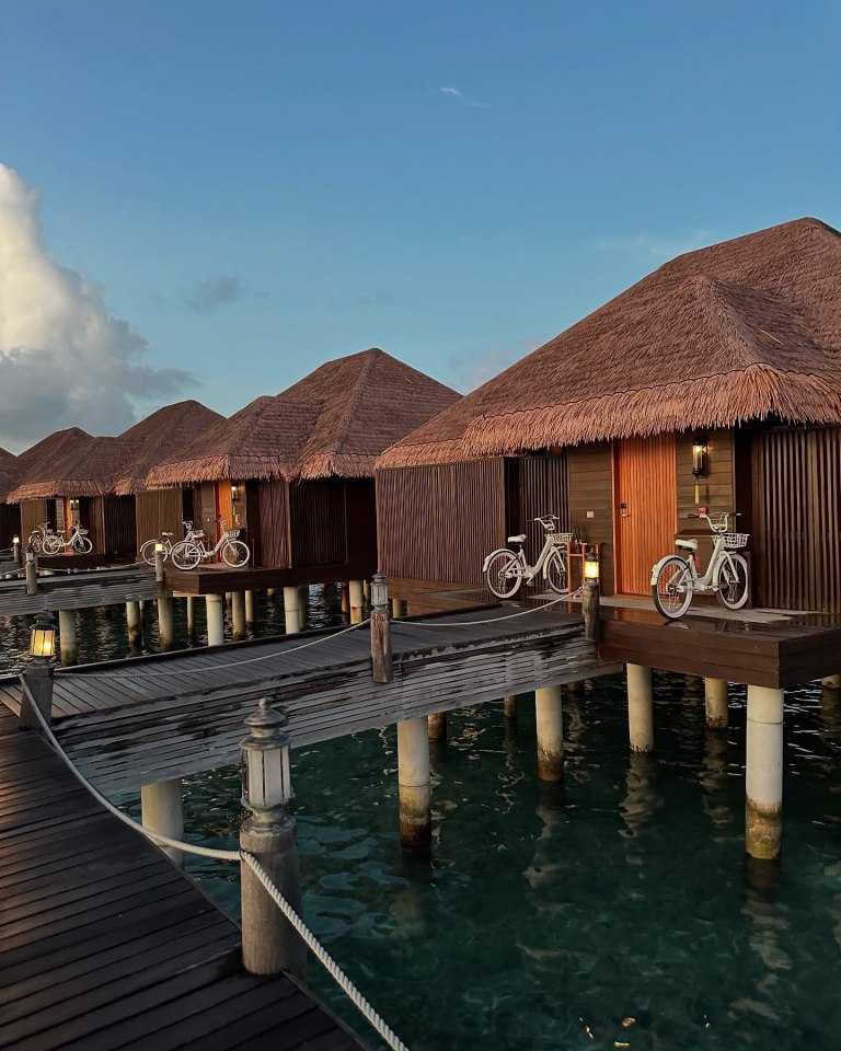 Overwater bungalows with bicycles.