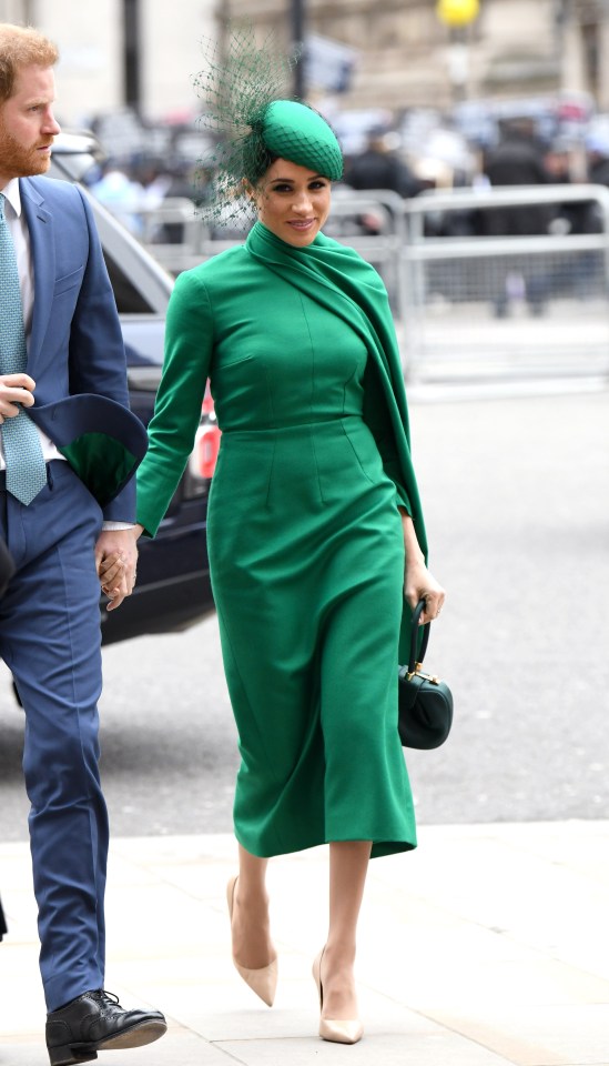 Meghan, Duchess of Sussex, in a green dress, attends the Commonwealth Day Service.