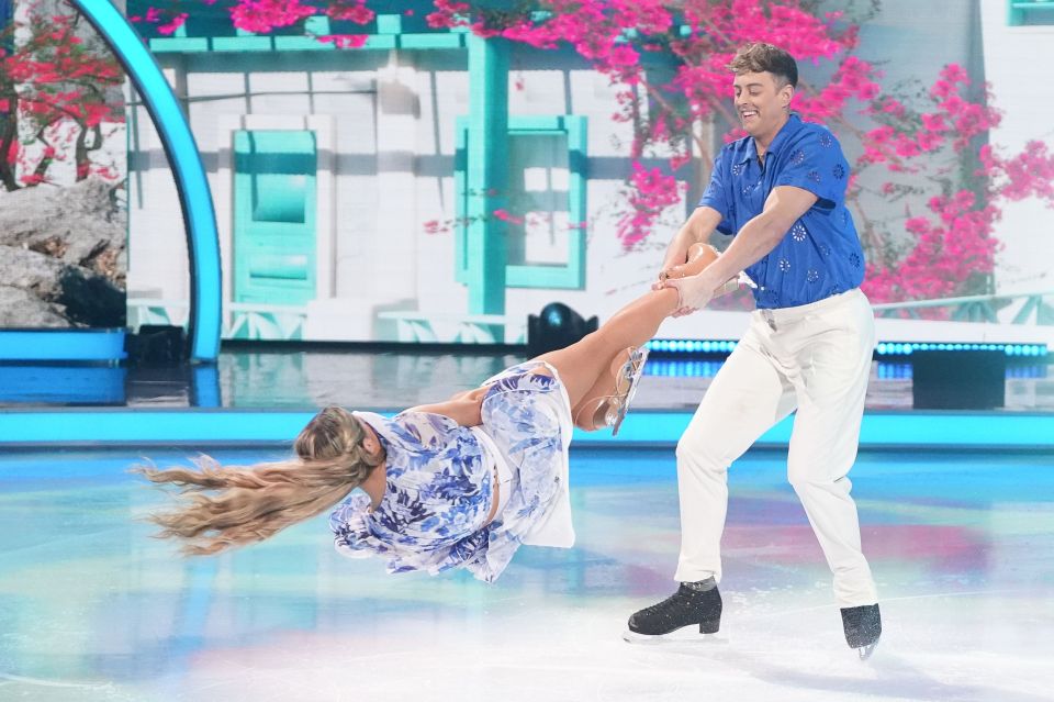 Ice skaters Mollie Pearce and Colin Grafton performing a lift on Dancing on Ice.
