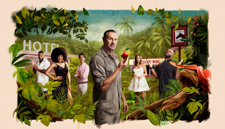 Illustration of Paddy McGuinness and a cast of characters in a tropical setting.