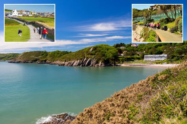 An image collage containing 3 images, Image 1 shows Sunny day overlooking Caswell Bay, Wales, Image 2 shows People walking on a path toward Rhossili village in Wales, Image 3 shows Beachgoers enjoying a sunny day at Langland Bay, Wales