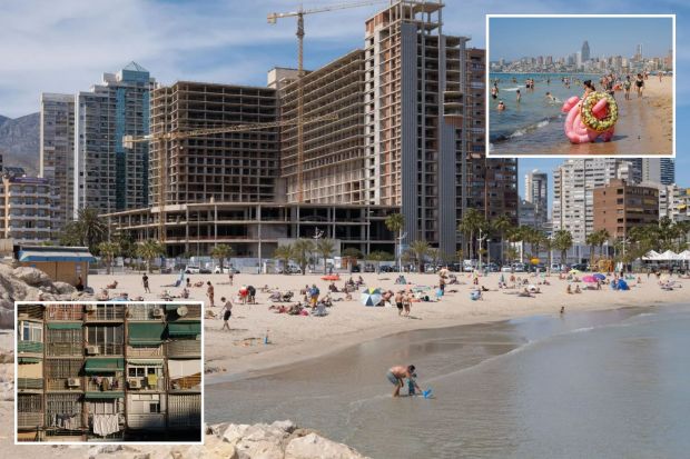 An image collage containing 3 images, Image 1 shows Benidorm beach with high-rise buildings under construction, Image 2 shows Crowded Benidorm beach with a woman holding a flamingo-shaped inflatable ring, Image 3 shows Benidorm apartment building with laundry hanging from balconies