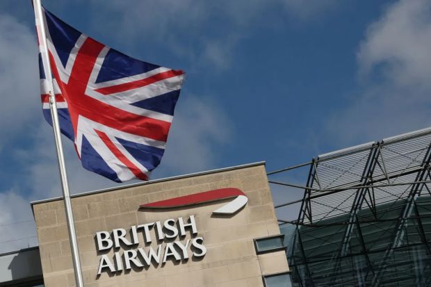 An image collage containing 1 images, Image 1 shows British Airways signage and a UK flag outside the British Airways headquarters