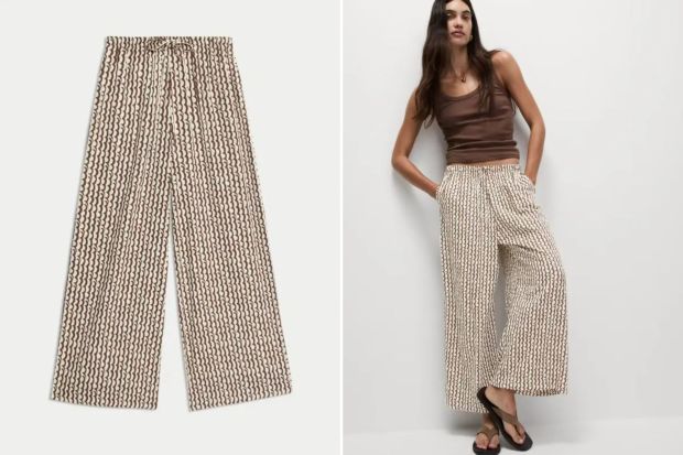 An image collage containing 2 images, Image 1 shows Geometric wide-leg culottes, Image 2 shows Woman wearing brown tank top and geometric wide-leg culottes