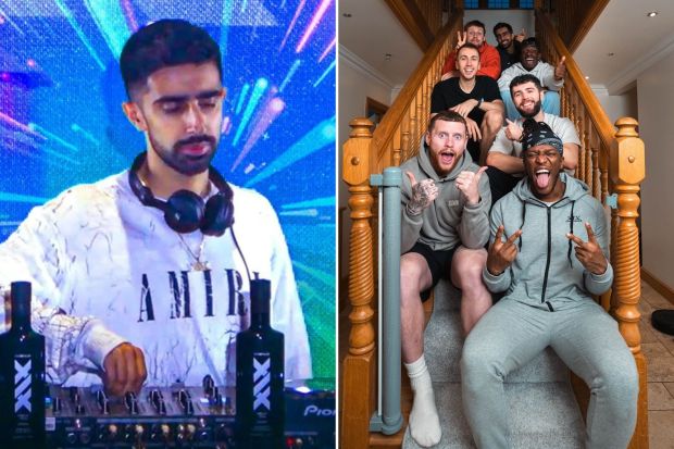 An image collage containing 2 images, Image 1 shows Vikkstar123 DJing, Image 2 shows Group of men posing on a staircase