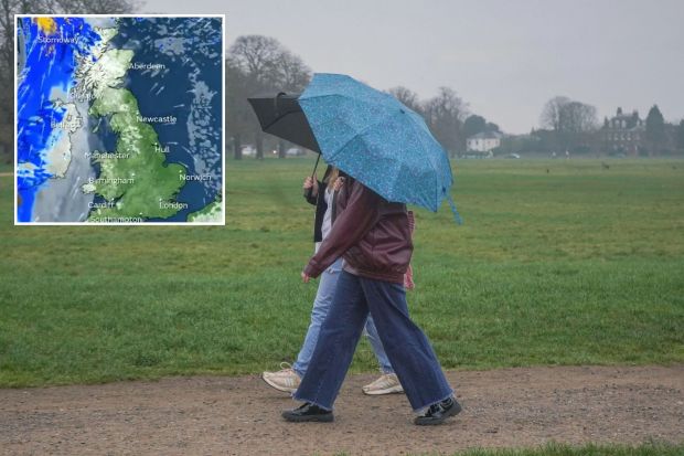 An image collage containing 2 images, Image 1 shows Two people walking under an umbrella in a park during a rain shower, Image 2 shows Weather forecast map of the UK showing rain and wind