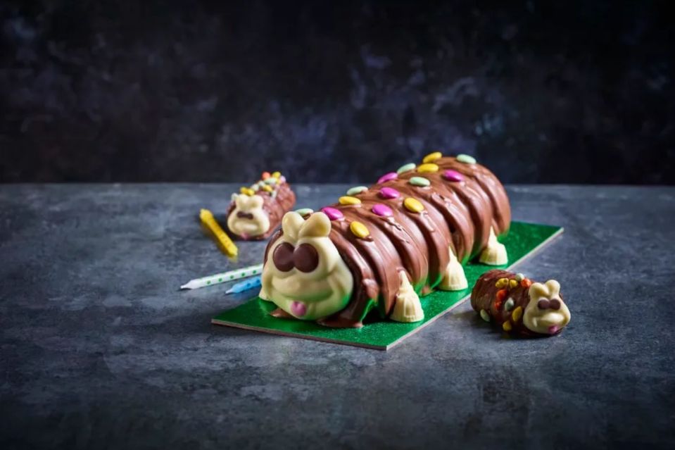 An image collage containing 1 images, Image 1 shows Colin the Caterpillar cake with two smaller Colin cakes and candles