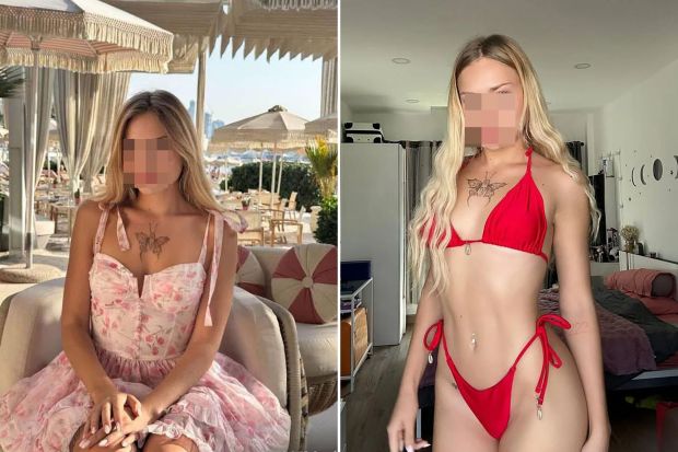 An image collage containing 2 images, Image 1 shows Photo of Maria Kovalchuk, a Ukrainian OnlyFans model, sitting outdoors, Image 2 shows Photo of a young woman in a red bikini, face blurred