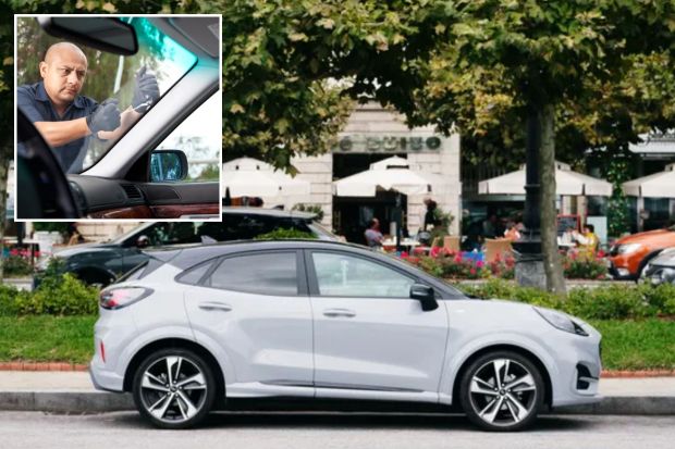 An image collage containing 2 images, Image 1 shows Silver Ford Puma parked on a city street, Image 2 shows Man repairing a car windshield