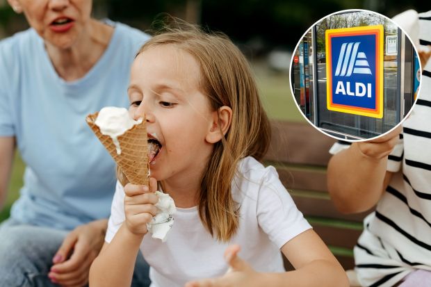An image collage containing 2 images, Image 1 shows Three generations of women enjoy ice cream cones together on a park bench, Image 2 shows Entrance to an Aldi supermarket
