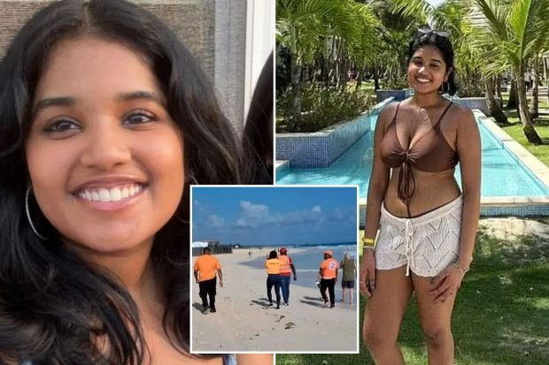 An image collage containing 3 images, Image 1 shows Photo of Sudiksha Konanki, Image 2 shows Photo of Sudiksha Konanki in swimwear by a resort pool, Image 3 shows People walking on a beach near a construction site