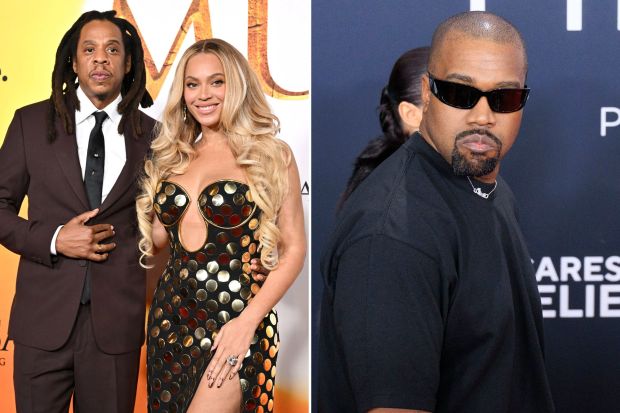 An image collage containing 2 images, Image 1 shows Jay-Z and Beyoncé at the Los Angeles premiere of Disney's "Mufasa: The Lion King.", Image 2 shows Kanye West at the 67th Grammy Awards