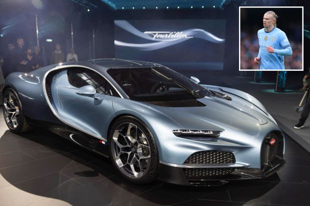An image collage containing 2 images, Image 1 shows Bugatti Tourbillon supercar at its debut event, Image 2 shows Erling Haaland of Manchester City in a soccer match