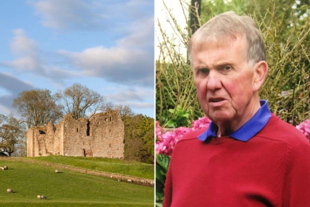 An image collage containing 2 images, Image 1 shows Thirlwall Castle ruins in Northumberland, England, with sheep grazing in the foreground, Image 2 shows Photo of Malcolm Flynn