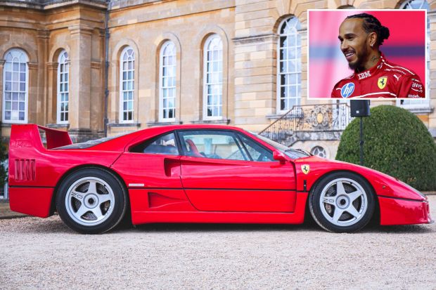 An image collage containing 2 images, Image 1 shows Red Ferrari F40 at Salon Prive, Image 2 shows Lewis Hamilton in a Ferrari racing suit