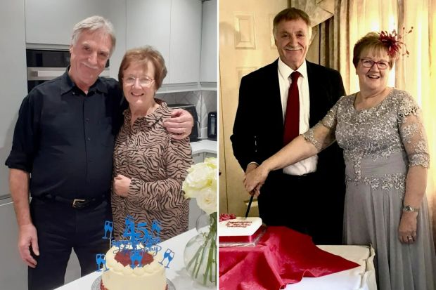 An image collage containing 2 images, Image 1 shows A couple celebrating their 45th wedding anniversary with a cake, Image 2 shows A couple cutting a wedding cake