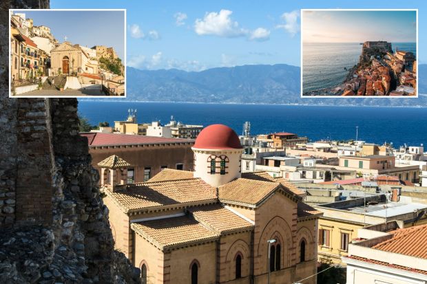 An image collage containing 3 images, Image 1 shows Aerial view of Chiesa degli Ottimati in Reggio Calabria, Italy, Image 2 shows Woman walking up steps to a church in Scilla, Italy, Image 3 shows Aerial view of a coastal town with a castle at sunset