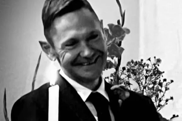 An image collage containing 1 images, Image 1 shows Black and white photo of a bride and groom