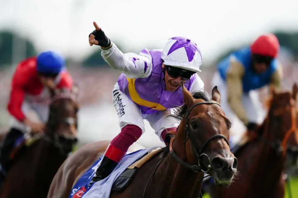 An image collage containing 1 images, Image 1 shows Jockey Frankie Dettori winning the Sky Bet City Of York Stakes