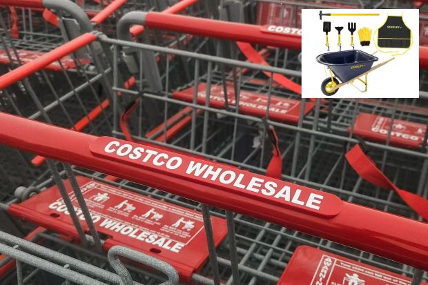 An image collage containing 2 images, Image 1 shows Costco Wholesale shopping carts, Image 2 shows Stanley Jr. wheelbarrow and gardening set