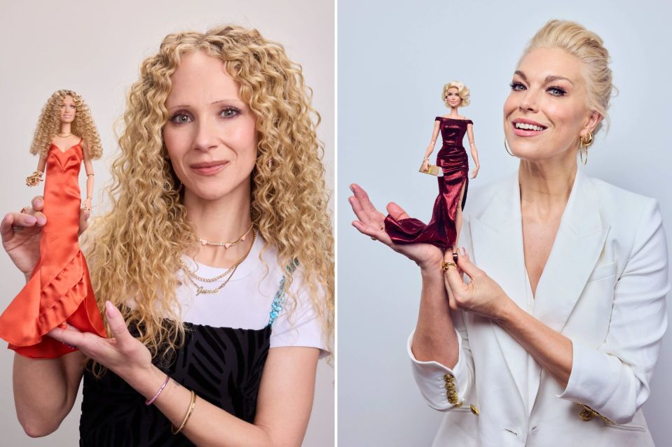 An image collage containing 2 images, Image 1 shows Juno Temple holding a Barbie doll in her likeness, Image 2 shows Hannah Waddingham holding a Barbie doll in her likeness