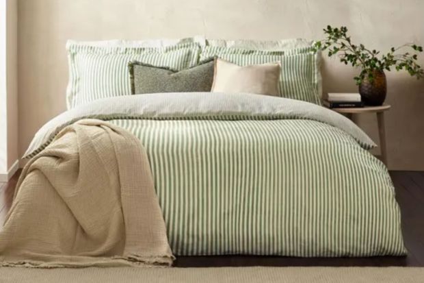 An image collage containing 1 images, Image 1 shows Bed with green striped bedding and a beige throw blanket