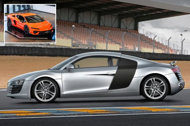 An image collage containing 2 images, Image 1 shows Silver Audi R8 on a racetrack, Image 2 shows Orange Lamborghini Temerario on display