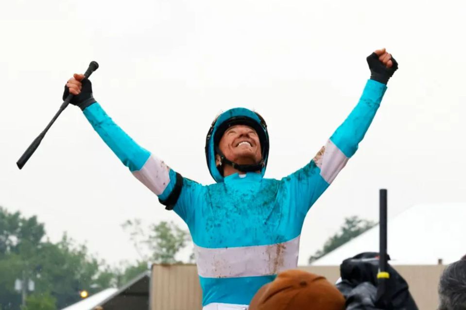 An image collage containing 1 images, Image 1 shows Jockey Frankie Dettori celebrating a win at the 149th Preakness Stakes