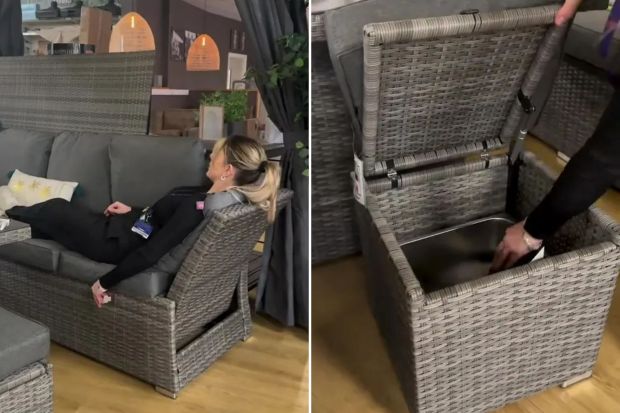An image collage containing 2 images, Image 1 shows Woman relaxing on a gray wicker sofa, Image 2 shows Wicker storage ottoman with lift-top lid and removable ice bucket