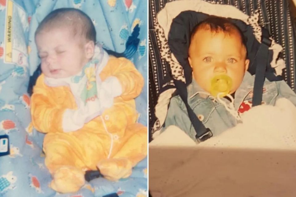 An image collage containing 2 images, Image 1 shows Baby girl sleeping in infant car seat, Image 2 shows Baby Louise as a toddler in a stroller