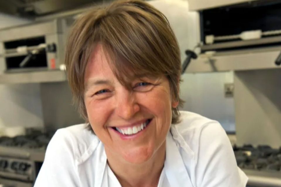 An image collage containing 1 images, Image 1 shows Caroline Waldegrave (Lady Waldegrave of North Hill) in her home kitchen with her Dudwell Cookery School setup