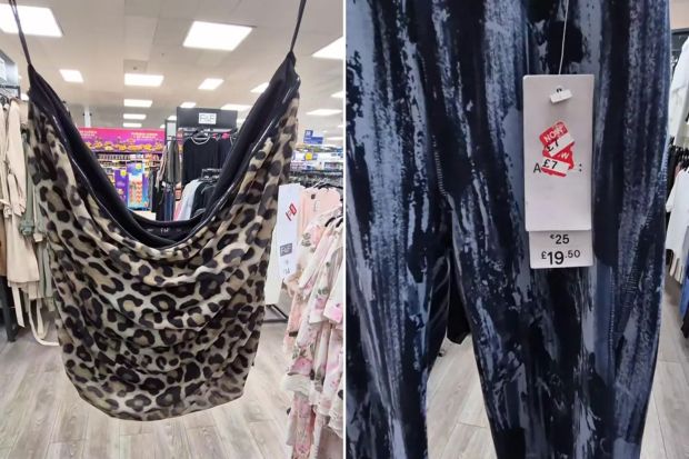 An image collage containing 2 images, Image 1 shows Leopard print top hanging in a store, Image 2 shows Blue and black patterned leggings with price tag showing £19.50