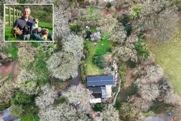 An image collage containing 2 images, Image 1 shows Aerial view of a mobile home in a wooded area, Image 2 shows Martin Clunes sitting in a grassy field with four dogs