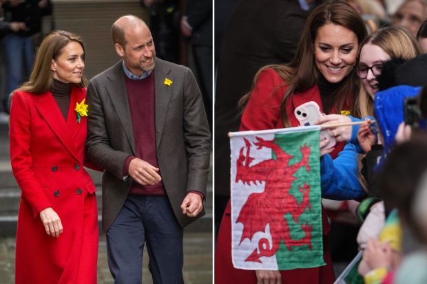 An image collage containing 2 images, Image 1 shows Prince William and Catherine, Princess of Wales, leaving a market in Wales, Image 2 shows The Princess of Wales greets well-wishers and takes a selfie with them while holding a Welsh flag