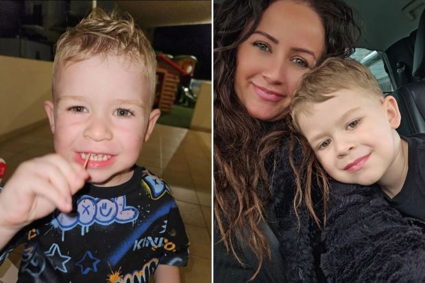 An image collage containing 2 images, Image 1 shows A toddler holding a toothpick in his mouth, Image 2 shows A woman and young boy in a car