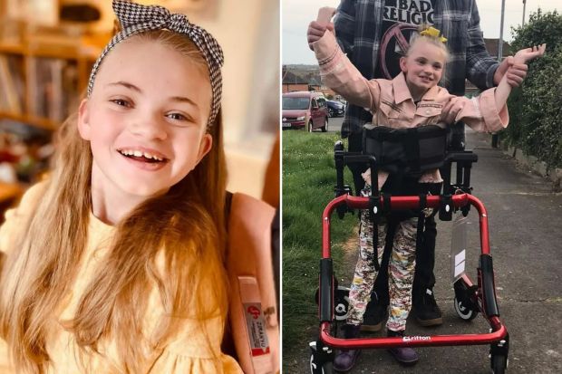 An image collage containing 2 images, Image 1 shows Portrait of a smiling girl with long blonde hair wearing a headband, Image 2 shows Girl in a walker with her father