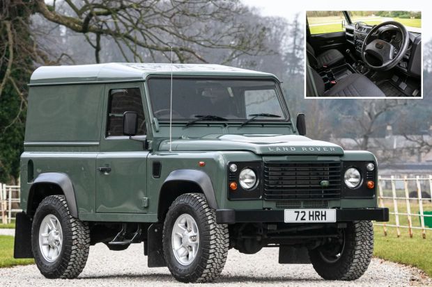 An image collage containing 2 images, Image 1 shows King Charles's Land Rover Defender 90, Image 2 shows Interior of King Charles' Land Rover Defender 90