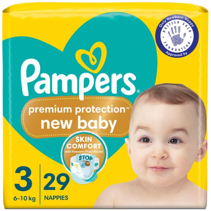 Package of Pampers Premium Protection New Baby nappies (sizes 3, 29 nappies, 6-10kg).