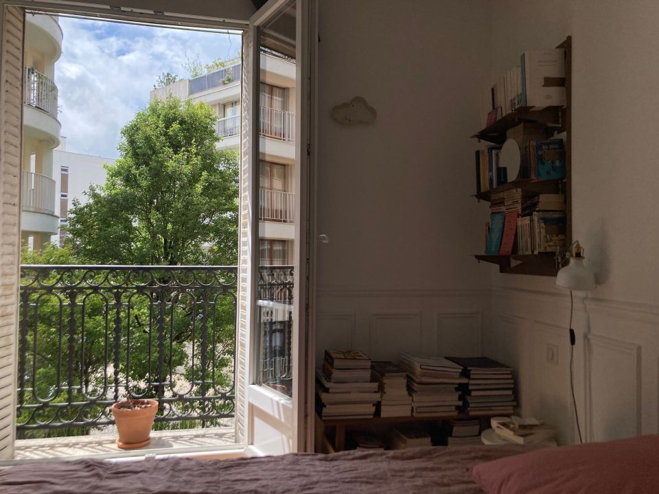 Parisian bedroom with balcony view and bookshelves.