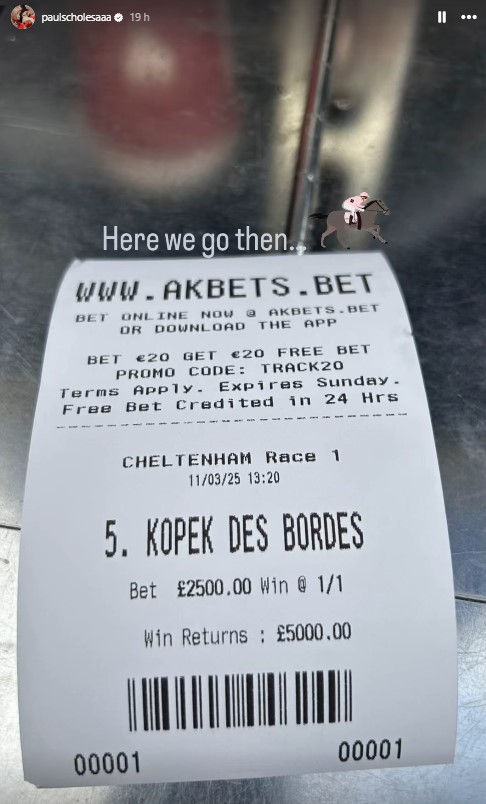 Betting slip showing a £2500 bet on Kopek Des Bordes at Cheltenham, winning £5000.