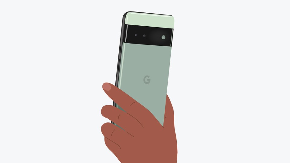 Illustration of a hand holding a Google Pixel phone.