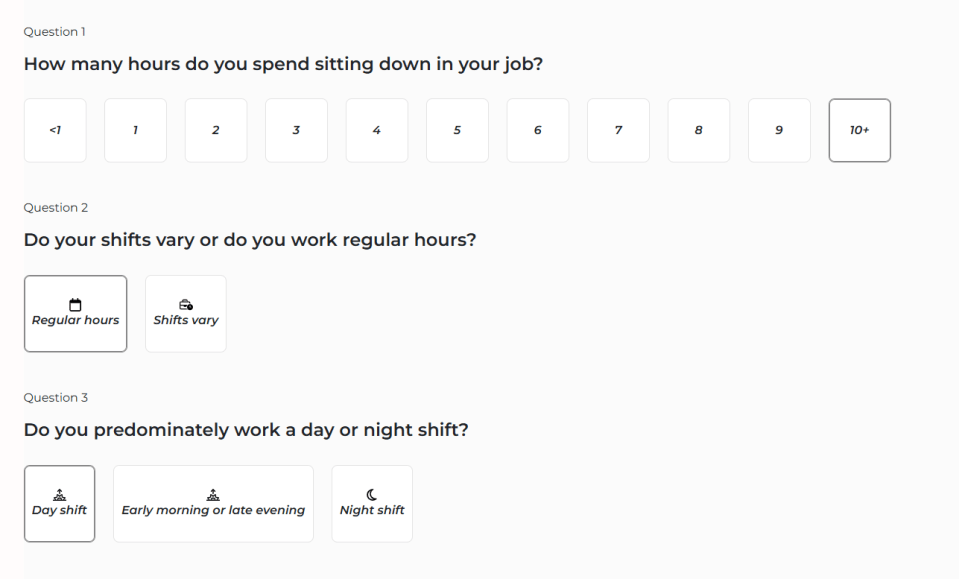 Three multiple choice questions about work hours and shift patterns.