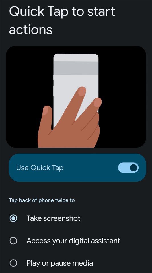 Illustration of hand tapping phone to activate Quick Tap features: take screenshot, access digital assistant, play/pause media.