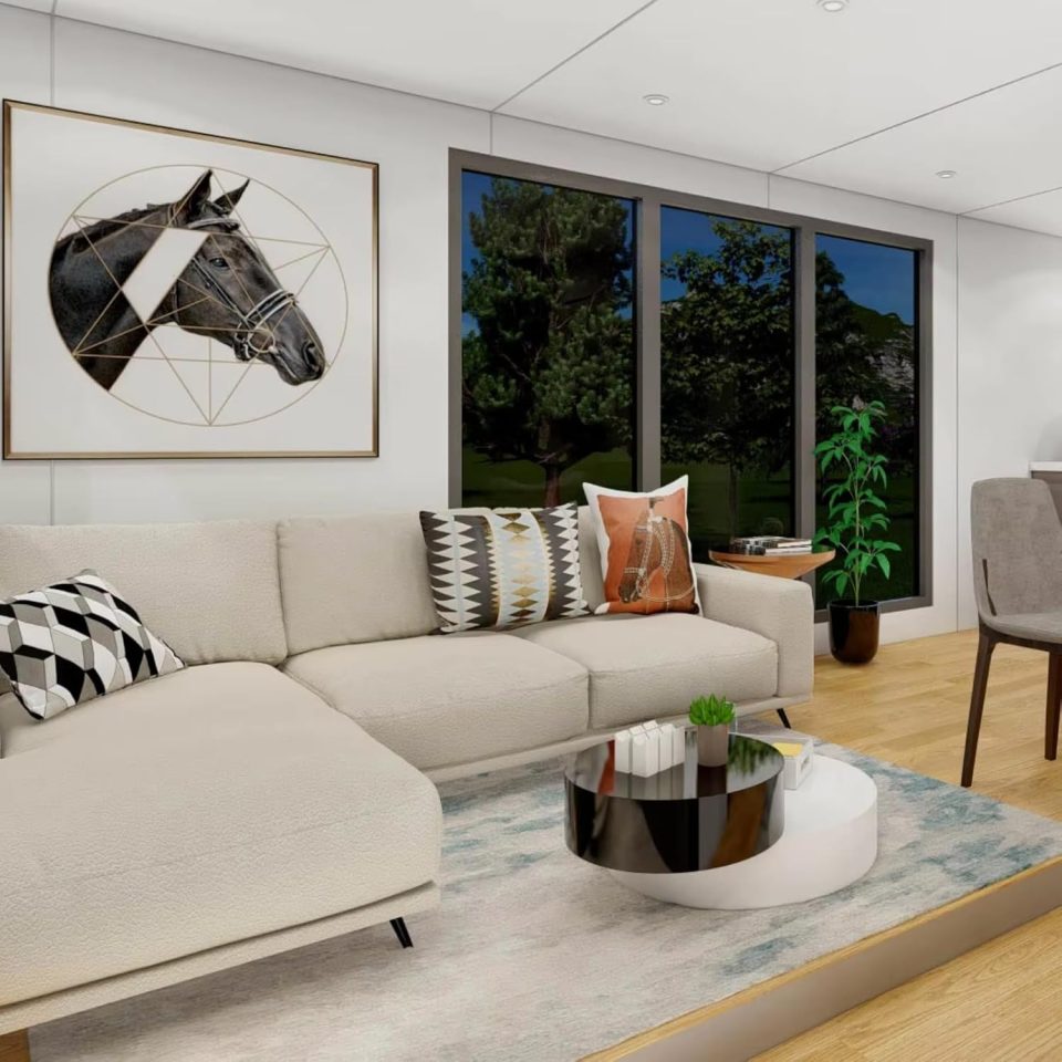 Illustration of a foldable tiny home's living room.