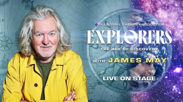 Promotional image for James May's Explorers live show.