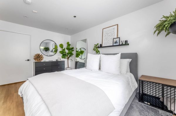 Santa Monica bedroom with white bedding, gray dresser, and plants.