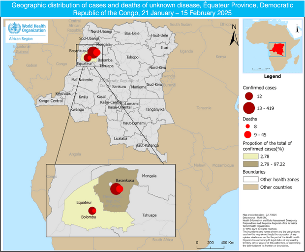 Map showing the geographic distribution of cases and deaths of an unknown disease in Équateur Province, Democratic Republic of the Congo.