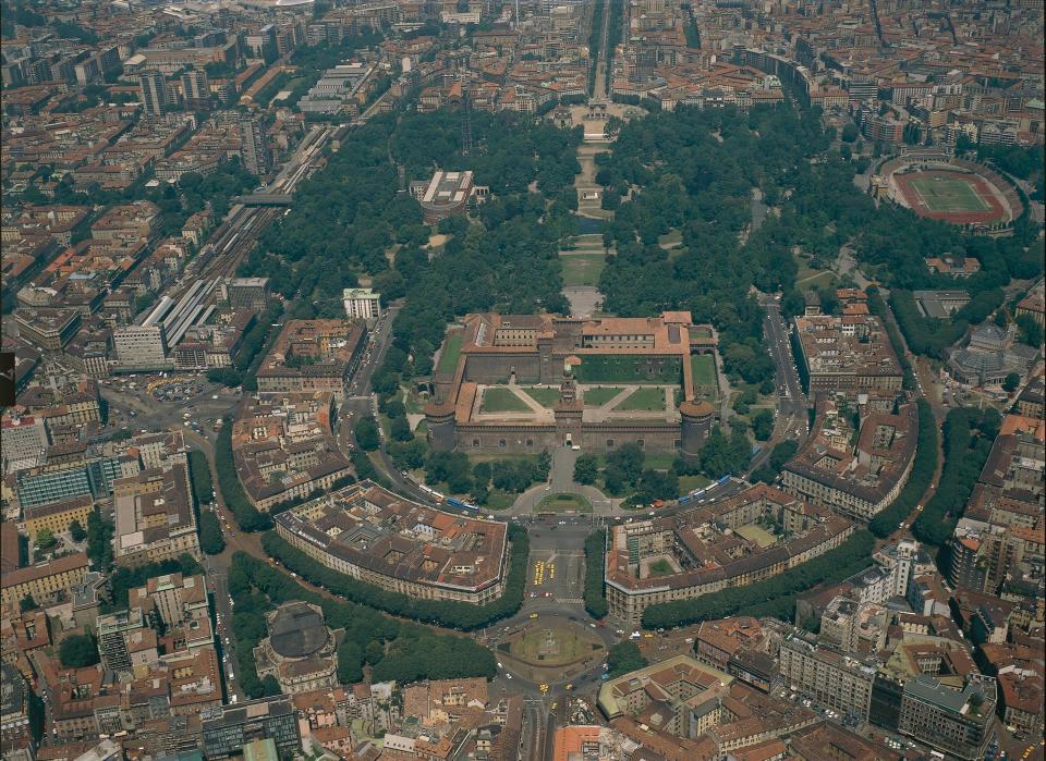 Aerial view of Castello Sforzesco and Sempione Park in Milan, Italy.