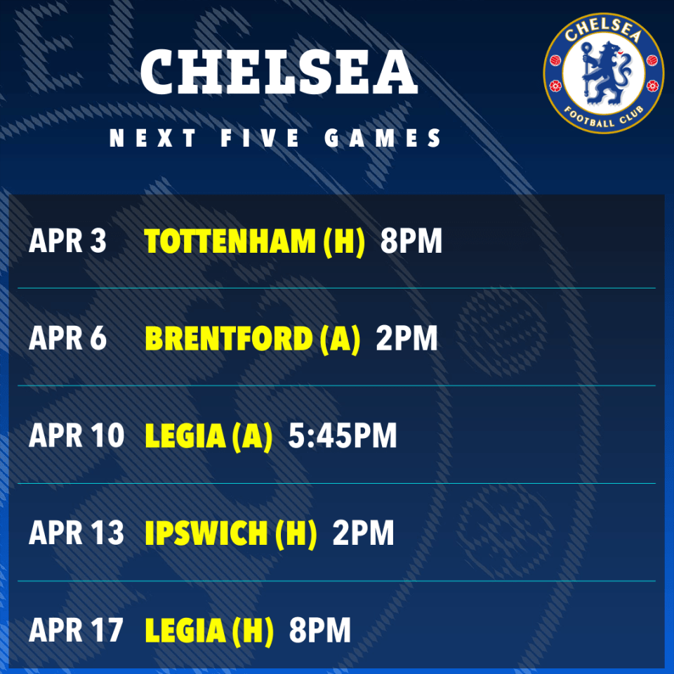 Chelsea's next five games schedule.