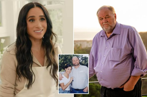 An image collage containing 3 images, Image 1 shows Meghan, Duchess of Sussex, in a kitchen, wearing an apron, Image 2 shows Thomas Markle, Meghan Markle's father, in an interview, Image 3 shows Photo of Meghan Markle and her father